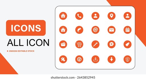 A set of sixteen distinct vector icons displayed on a white background, each featuring a simple, clean design in orange and white.