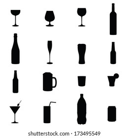 Set Of Sixteen Drinks Black Silhouette Vector Illustrations 