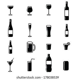 Set Of Sixteen Drinks Black & White Silhouette Vector Illustrations