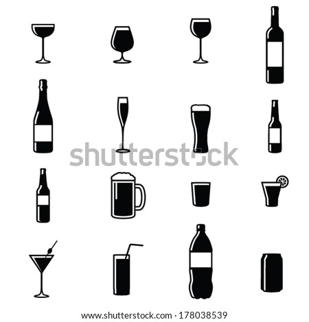 Set Of Sixteen Drinks Black & White Silhouette Vector Illustrations