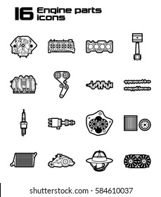 Set of sixteen engine parts icons