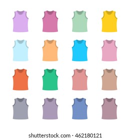 Set of sixteen in a flat style color tank top isolated on white background, design element outerwear and article of clothing, first set, vector illustration.