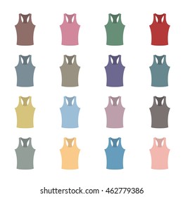 Set of sixteen in a flat style color tank top isolated on white background, design element outerwear and article of clothing, second set, vector illustration.