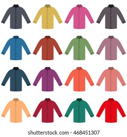 Set of sixteen in a flat style color shirts isolated on white background, design element outerwear and article of clothing, vector illustration.