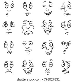 Set of sixteen funny male grimaces, sketching cartoon vector outlines isolated on the white background