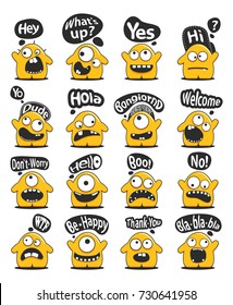 Set of sixteen funny yellow personage with cute emotions and  message cloud with greeting text isolated on white. Cartoon characters for different use.