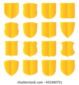 Set of sixteen golden shields. Vector, isolated, eps 10. 