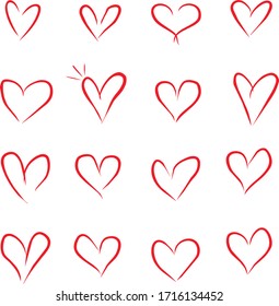 Set of sixteen hand drawn heart. Hand drawn  hearts isolated on white background. Vector illustration for your graphic design