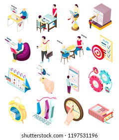 Set of sixteen isolated effective management concept isometric icons with personal organizer items and people characters vector illustration
