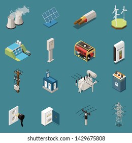 Set of sixteen isolated electricity isometric icons with images of various domestic and industrial electrical infrastructure elements vector illustration