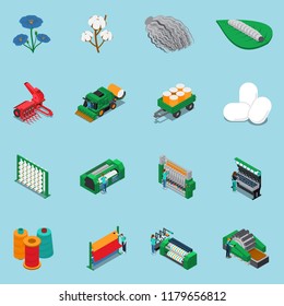 Set of sixteen isolated textile industry isometric icons with native plants and ready products with factory facilities vector illustration