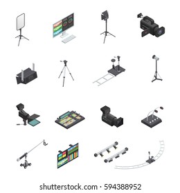 Set of sixteen isolated video and television broadcast studio equipment isometric icons including cameras and lighting vector illustration