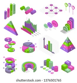 Set of sixteen isometric isolated elements for building infographics. Presentation charts and graphs on white background