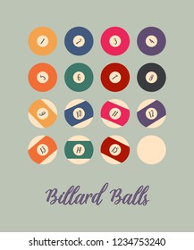 Set of sixteen minimal billard ball vector elements. Trendy flat illustration style.
