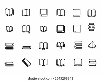 Conjunto de dezesseis ícones minimalistas de livros em preto e branco organizados em layout de grade geométrica