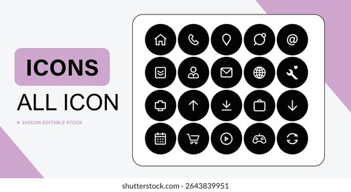 Um conjunto de dezesseis ícones minimalistas, apresentados em círculos pretos com contornos brancos, ideais para interfaces do usuário e aplicações digitais.