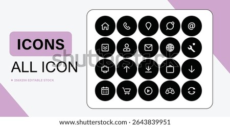 A set of sixteen minimalist icons, presented in black circles with white outlines, ideal for user interfaces and digital applications.