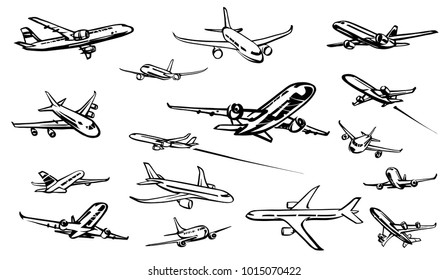 A set of sixteen passenger aircraft. Vector illustration drawn by hand