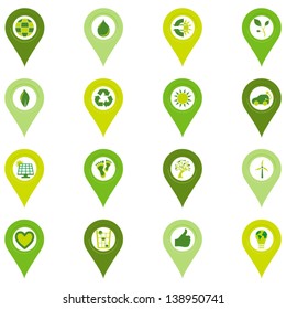 Set of sixteen pinpoint icons of bio eco environmental related symbols in four shades of green