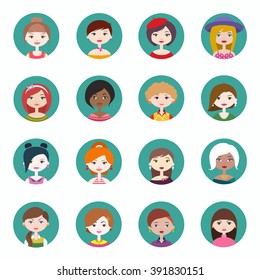 Set of sixteen round women user profile icons. Flat style vector illustration
