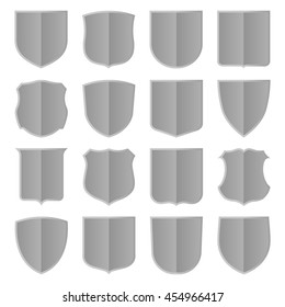 Set of sixteen silver shields templates. Vector, isolated, eps 10. 