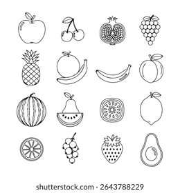 A set of sixteen simple, black line-drawn fruit icons, suitable for educational worksheets or playful designs. The icons are easily scalable and adaptable for various uses.