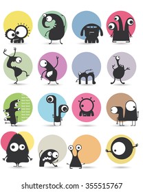 Set of sixteen stickers with cute monsters. Cartoon illustration. Vector set