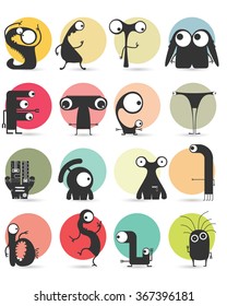 Set of sixteen stickers with cute monsters. Cartoon illustration. Vector set