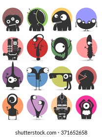 Set of sixteen stickers with cute monsters. Cartoon illustration. Vector set