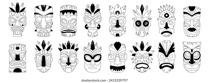 Juego de dieciséis máscaras de tiki. Mascarillas de tiki ceremoniales de estilo lineal blanco y negro, ídolos africanos o hawaianos. Conjunto de ilustraciones vectoriales Enmascaradas rituales étnicas tribales.