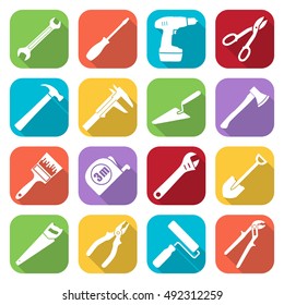 Set of sixteen tools flat style icons on a different color backgrounds. Vector illustration