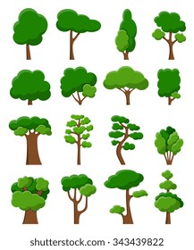 Set of sixteen trees. Nature elements in flat style