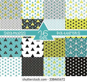 Set of sixteen triangular seamless geometric patterns. Seamless abstract triangle geometrical background. Modern Infinity geometric pattern. Vector illustration.