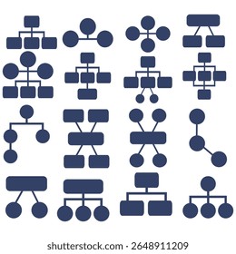 Um conjunto de dezesseis ícones de gráficos de hierarquia vetorial única, apresentando uma combinação de círculos e retângulos em uma sombra azul-escura, oferecendo diversas estruturas organizacionais para representação visual.