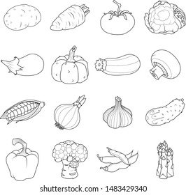 Set of sixteen various vegetables in outline style. Isolated on white background. Good for child coloring book.