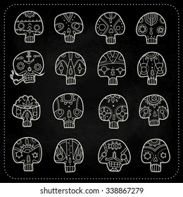 A set of sixteen vector chalk skulls. Skulls chalk set. Vector illustration