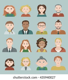 A set of sixteen vector colored avatars. Different men, women and children in cartoon style on a gray background