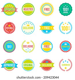 Set of sixteen vector colored emblems and stamps in flat style depicting approved exclusive original certified free and 100 percent guarantee in round banner form 