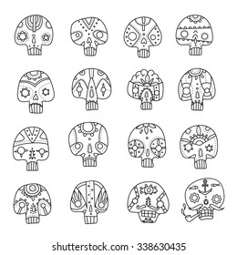 A set of sixteen vector outline skulls. Skulls outlines set. Vector illustration