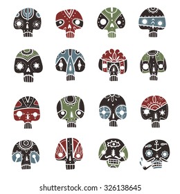 A set of sixteen vector skulls. Skulls set. Vector illustration