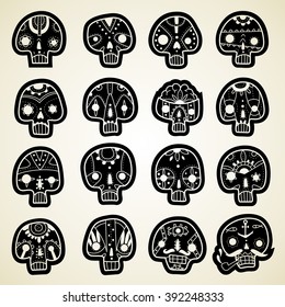 A set of sixteen vector skulls. Vector Skulls set. Vector illustration