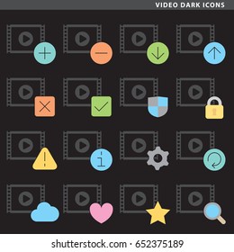 Set of sixteen video icons in flat style.