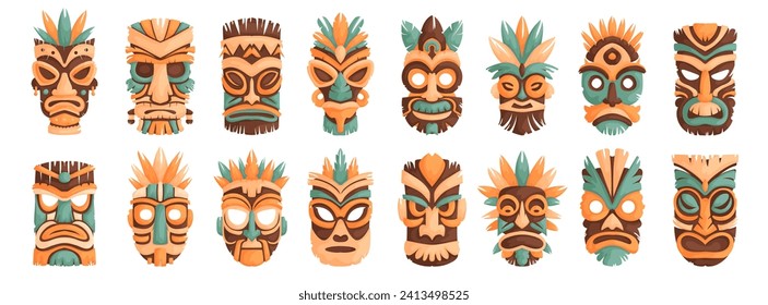 Dieciséis máscaras de tiki de madera. Caricatura: máscaras de tótem de tiki ceremoniales, ídolos africanos o hawaianos. Conjunto de ilustraciones vectoriales Enmascaradas rituales étnicas tribales.