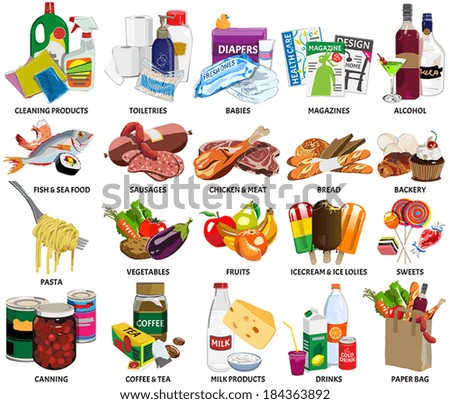 Set of sixty four supermarket vector icons includes: Food ingredients, Babies products, Cleaning products, Toiletries, Magazines and Paper bag full of products.