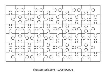 Set of sixty puzzle pieces. Puzzle with different types of details and the ability to move each part. Black and white vector illustration.