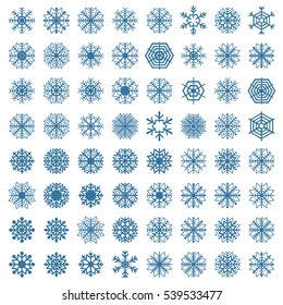 A set of sixty-four snowflakes isolated on a white background, part one, vector illustration.