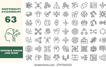 A set of sixty-three line icons depicting various concepts, featuring editable stroke and a minimalist style.