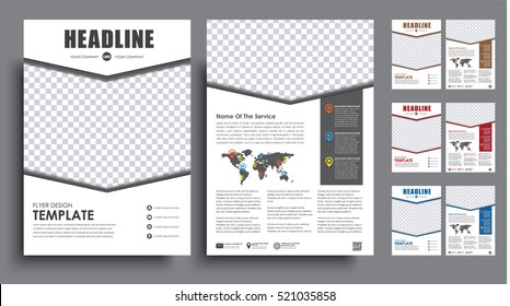 Set the size of A4 flyer. brochure template in 4 color options with the arrow for for photos. Vector illustrations.