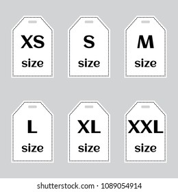 Set of size clothing label icons on gray background, white silhouette with black inscription. Vector illustration