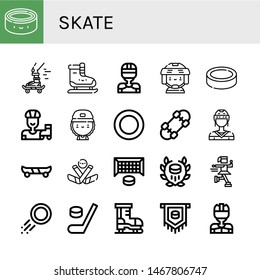 Set of skate icons such as Puck, Skateboard, Ice skating, Hockey player, Roller skate, Skater, Skate board, Ice hockey, Hockey goal, Ice ,